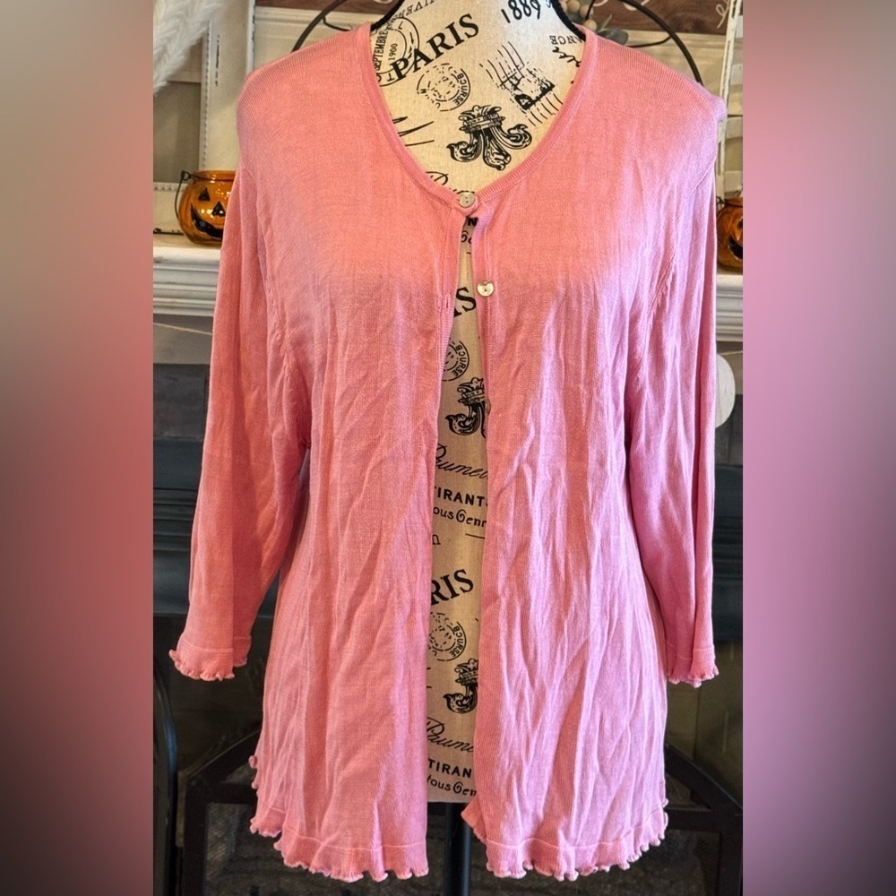 Victoria Holley Vintage Button Front Pink Cardigan Silk 3/4 Length Sleeve XL
